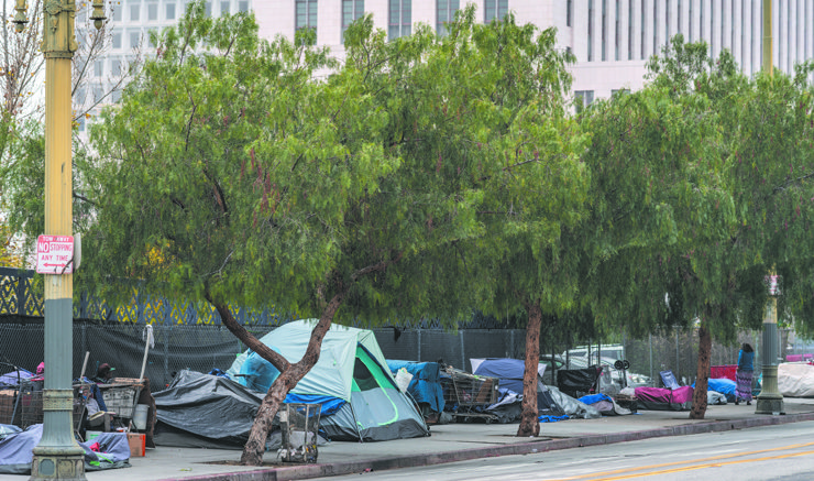 A row of tents on a city sidewalk as well as shopping carts and garbage.. A high rise office building in the background.