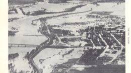 Black and white aerial photo of severe flooding in 1955 at the junction of the Yuba and Feather Rivers
