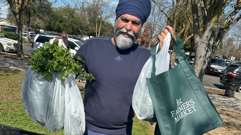 Mandip Kaur in a park with food from a farmer's market