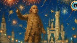 actor playing Ben Franklin on stage in front of castle and blue sky