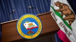 Press conference of governor of the state of California concept. Seal of the governor of the State of California on the tribune with flag of USA and California state. 3d illustration